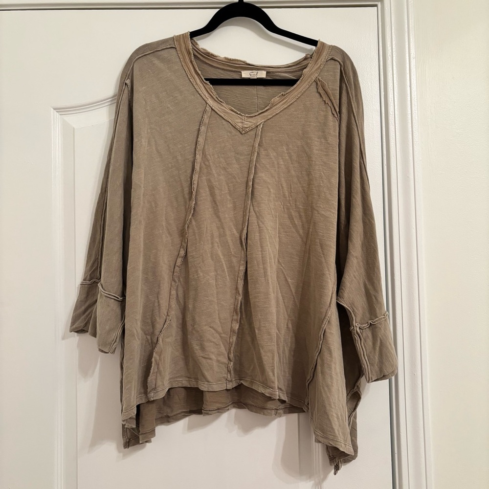 Easel Tan Boxy Top with Three-Quarter Sleeves
